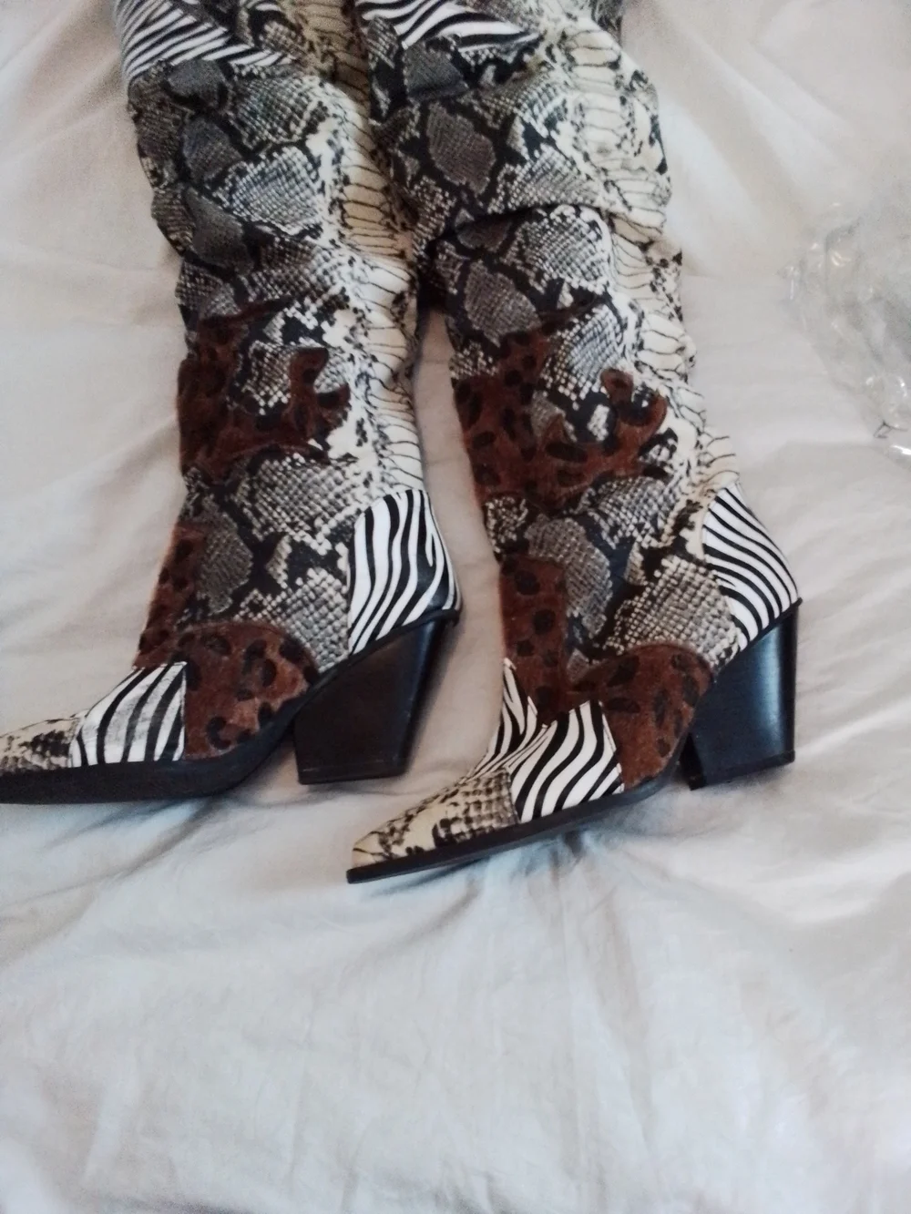 Over-the-Knee Mixed-Animal Print Boots - Black, White & Brown
